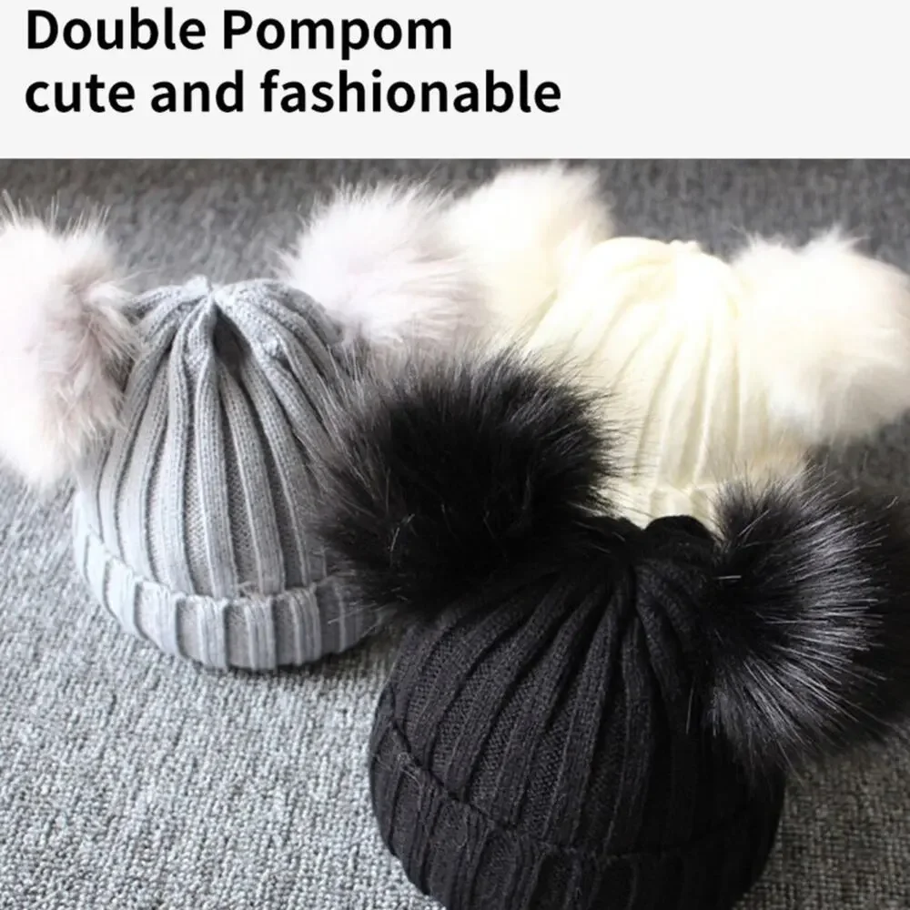 New double pom pom knit baby hat